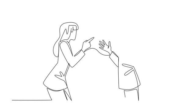 Self drawing animation of single line drawing of two businesswomen in an argument, pointing with hands raised, symbolizing conflict, mutual blame. National Blame Someone Else Day. Full length animated