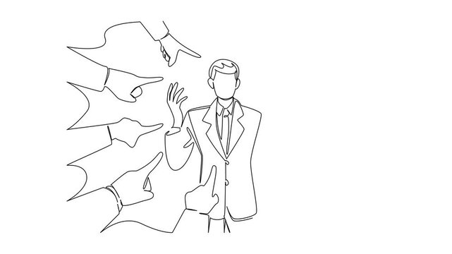 Animated self drawing of continuous line drawing of a businessman with raised, open hands, looking distressed, surrounded by pointing hands. National Blame Someone Else Day. Full length animation