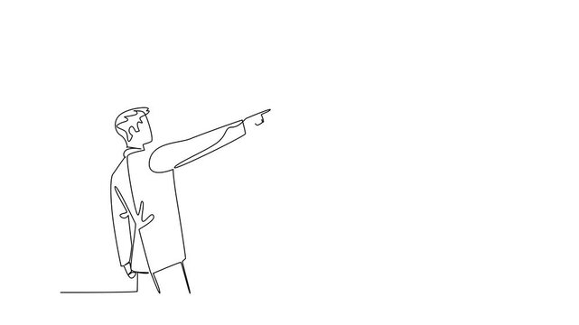Animated self drawing of continuous line draw of businessman stand pointing at giant huge finger and hand, accountability or higher authority. National Blame Someone Else Day. Full length animation