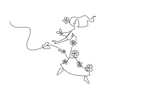 Self drawing animation of single line drawing of a woman dancing with butterflies and flying flower blossoms, a wellness National Dance Movement Therapy Advocacy Day. Express. Full length animated