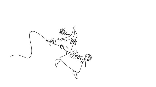 Animation of continuous line draw of a woman dancing gracefully, with flowers and swirling lines emanating from her. Show freedom, nature. National Dance Therapy Advocacy Day. Full length motion