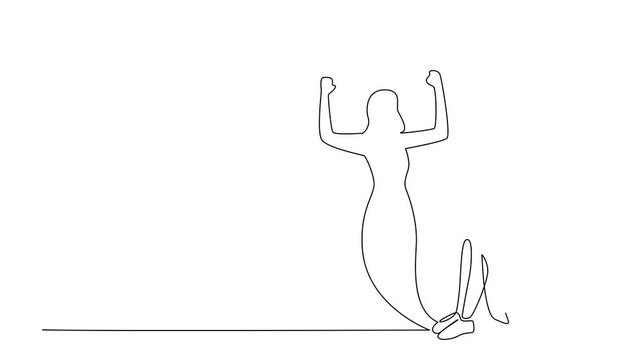 Self drawing animation of continuous line drawing of woman sitting and covering face in distress, with shadow cast behind in triumphant pose. National Posttraumatic Growth Day. Full length animated