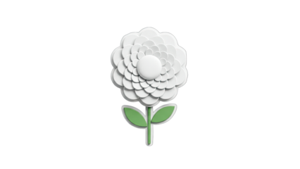 3D Minimalist White Flower with Green Stem and Leaves on transparent background