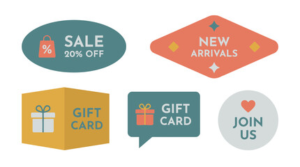 Modern promotional elements displayed on a clean background with gift cards and sale announcements