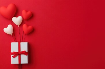 White gift box with red ribbon and heart shaped balloons floating above, on a vibrant red background with copy space