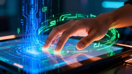 Hand interacting with futuristic digital interface