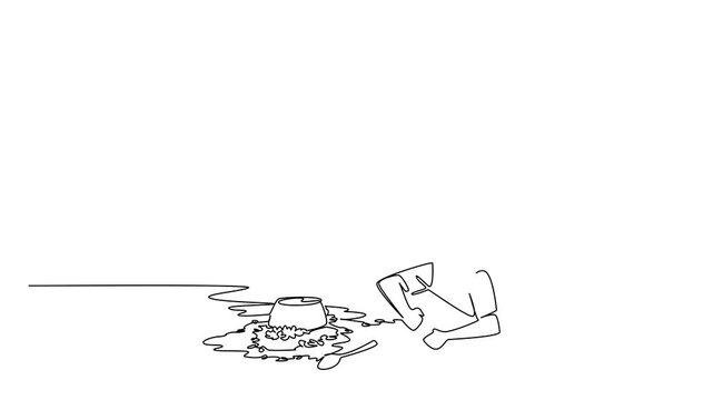 Animated self drawing of single line drawing of a young boy fell off and lying on the floor next to a spilled bowl of food and a spoon. National Kitchen Klutzes of America Day. Full length animation