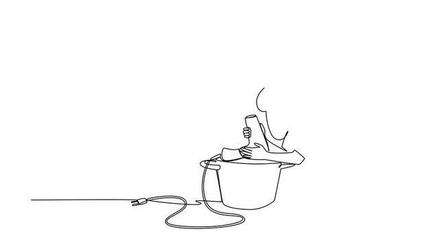 Animation of a girl kneels on floor blend in a bucket with a dangling cord in continuous line draw. National Kitchen Klutzes of America Day safety concept, stressing electricity. Full length motion