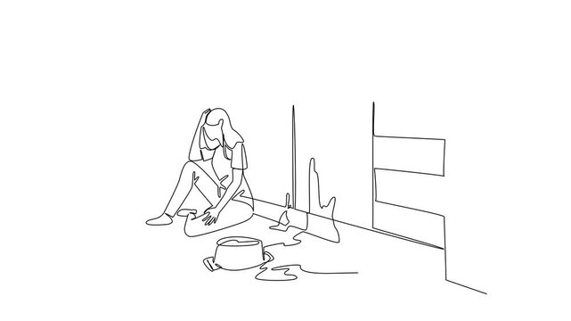 Animation of continuous line drawing of a frustrated woman sitting on the floor, holding her head in despair next to a spilled pot of food. National Kitchen Klutzes of America Day. Full length motion