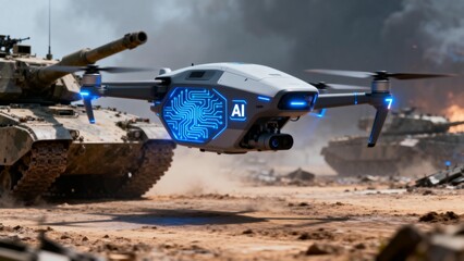 Drone flying near tanks in battlefield