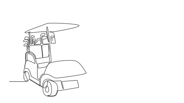 Animated self drawing of continuous line drawing of a golf cart with clubs in the back, facing a flagstick on a golf course, symbolizing the sport. National Golf Cart Day event. Full length animation