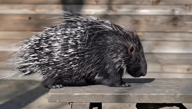Close-up view of a North American porcupine walking across a wooden surface, in natural habitat