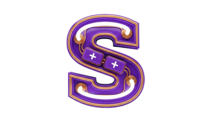 3D Purple S letter with gold trim and plus signs on transparent background