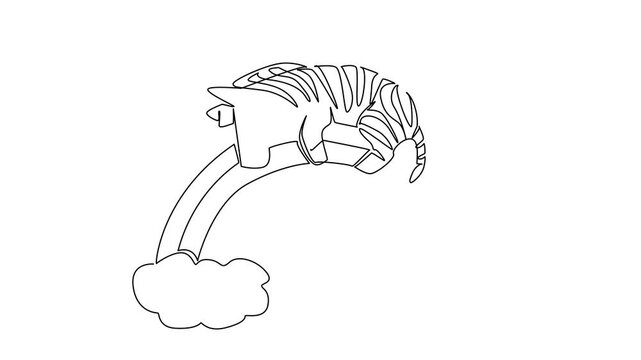 Animation of a zebra naps across a rainbow with clouds in continuous line drawing, tailored for kids theme with a nature concept, imagination, and charming nursery decoration. Full length motion