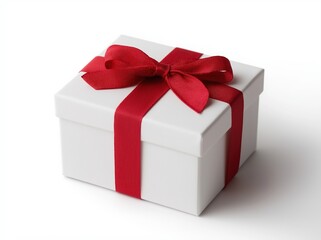 White gift box tied with a red ribbon and bow, symbolizing celebrations, promotions, and special occasions on a white background