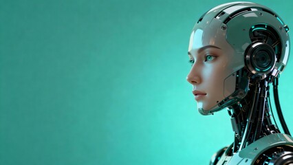 Cyborg woman profile against teal background