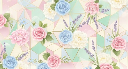Floral pattern featuring roses lavender and geometric shapes in soft colors