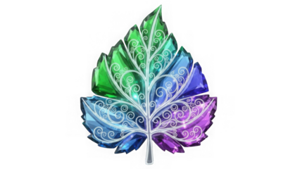 A vibrant and ornate leaf design featuring a colorful swirling pattern with a crystalline appearance on transparent background