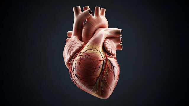 Detailed anatomical illustration of a human heart with visible ventricles and arteries against a dark background