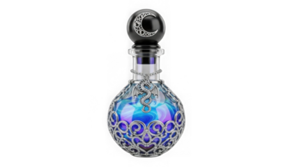 a detailed ornate perfume bottle with a moon and stars design featuring a glowing blue interior on transparent background