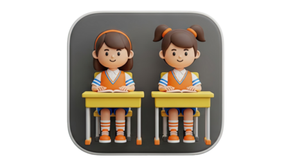 3D Two cartoon schoolgirls sitting at desks with books on transparent background
