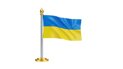 3D Ukrainian Flag Waving on a Golden Pole with Base on transparent background