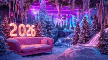 Futuristic Winter Wonderland with Neon Lights and Snow Covered Trees for Creative Holiday or Event Themes