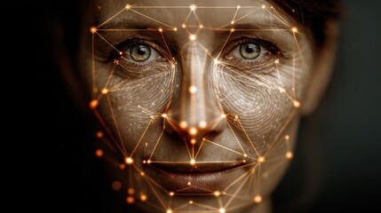 Futuristic Woman Face with Digital Facial Mapping and Network Lights in Dark Background