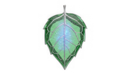 a detailed illustration of a stylized green leaf with glowing veins showcasing intricate designs on transparent background