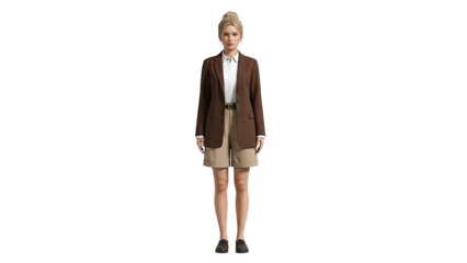 3D Woman in brown blazer and khaki shorts on transparent background