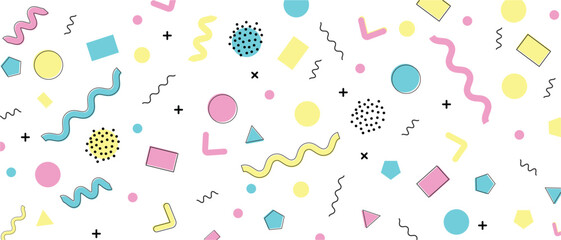 Seamless Memphis style pattern with geometric shapes. 