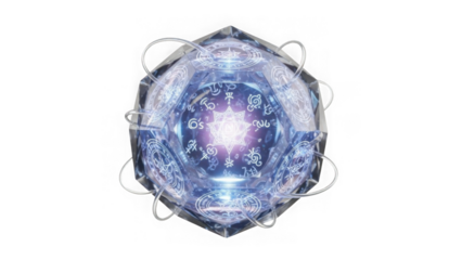 Intricate hexagonal glowing design with swirling patterns and bright center showcasing futuristic technology on transparent background