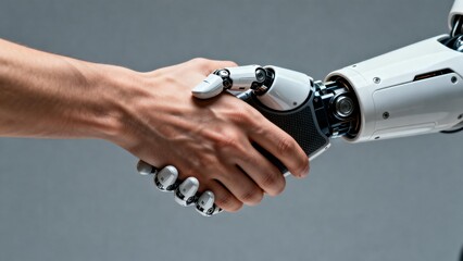 Human hand shaking with robotic arm