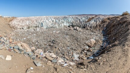 Glacier Ice Melting in Rocky Desert Environment Under Clear Blue Sky