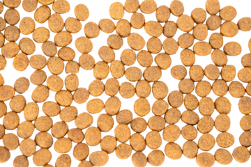 Scattered Brown Pet Food Pellets on Transparent Background: Exploring Quality Pet Products for Optimal Animal Nutrition and Balanced Dry Food Options.