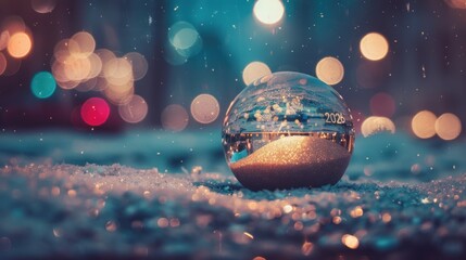 Glass Christmas Ornament with 2026 Reflection on Snowy Surface with Colorful Bokeh Lights in Background