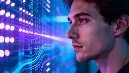 Young man observing digital data display