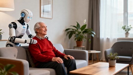Elderly man with robot companion in living room