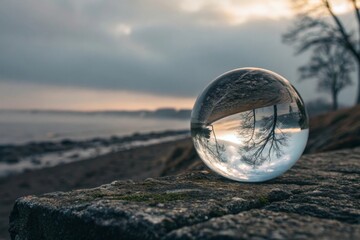 Crystal lensball captures inverted coastal landscape with serene sunrise reflection on textured stone surface