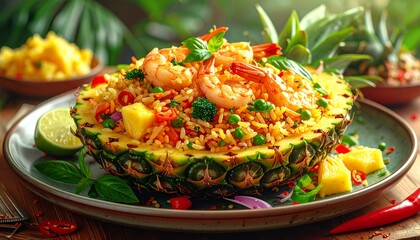 Thai pineapple fried rice served in a fresh pineapple, featuring aromatic jasmine rice, shrimp, vegetables, and spices &mdash; vibrant traditional Thai food cuisine presentation