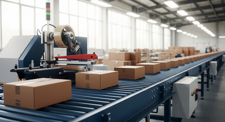Automated conveyor belt moving cardboard boxes in a modern warehouse, symbolizing logistics and efficiency.