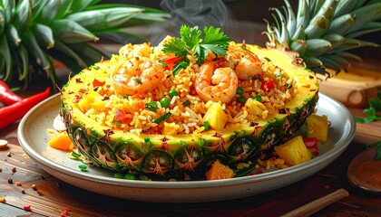 Thai pineapple fried rice served in a fresh pineapple, featuring aromatic jasmine rice, shrimp, vegetables, and spices &mdash; vibrant traditional Thai food cuisine presentation