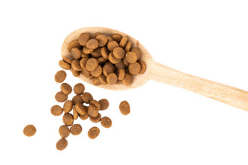 Obraz premium Scattered Brown Pet Food Pellets in a Wooden Spoon on Transparent Background, Essential Pet Products for Animal Nutrition and Dry Food Diets.