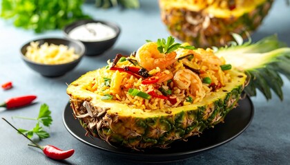 Thai pineapple fried rice served in a fresh pineapple, featuring aromatic jasmine rice, shrimp, vegetables, and spices &mdash; vibrant traditional Thai food cuisine presentation