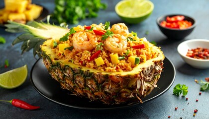 Thai pineapple fried rice served in a fresh pineapple, featuring aromatic jasmine rice, shrimp, vegetables, and spices &mdash; vibrant traditional Thai food cuisine presentation