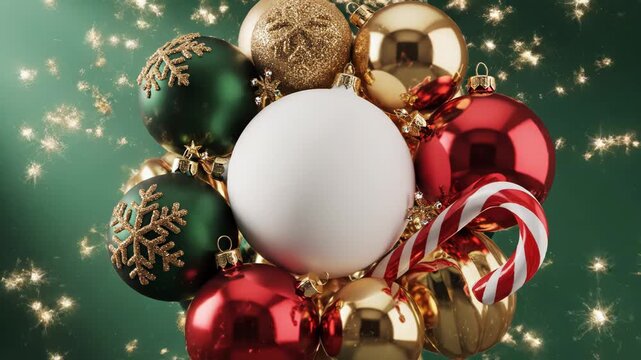 Colorful christmas ornaments and candy canes on green background for holiday decoration
