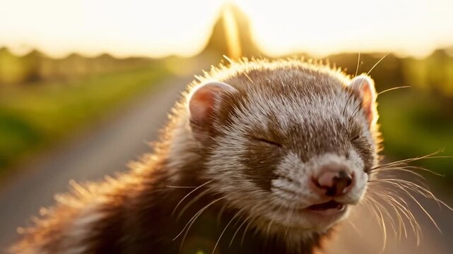Ferret Blinking Close-Up During Golden Hour Sunset. Cute Pet Animal Portrait with Beautiful Backlight. 4K
