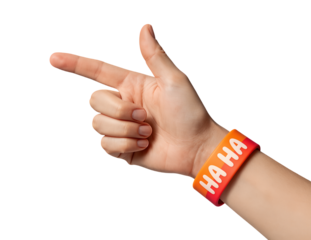 Hand making a gun gesture with orange wristband