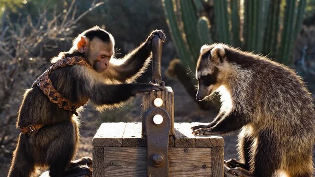 Curious Monkey and Coati Interact with Wooden Machine in Desert Environment