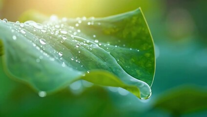 Macro shot of water droplets falling from a vibrant green lotus leaf in slow motion - Powered by Adobe